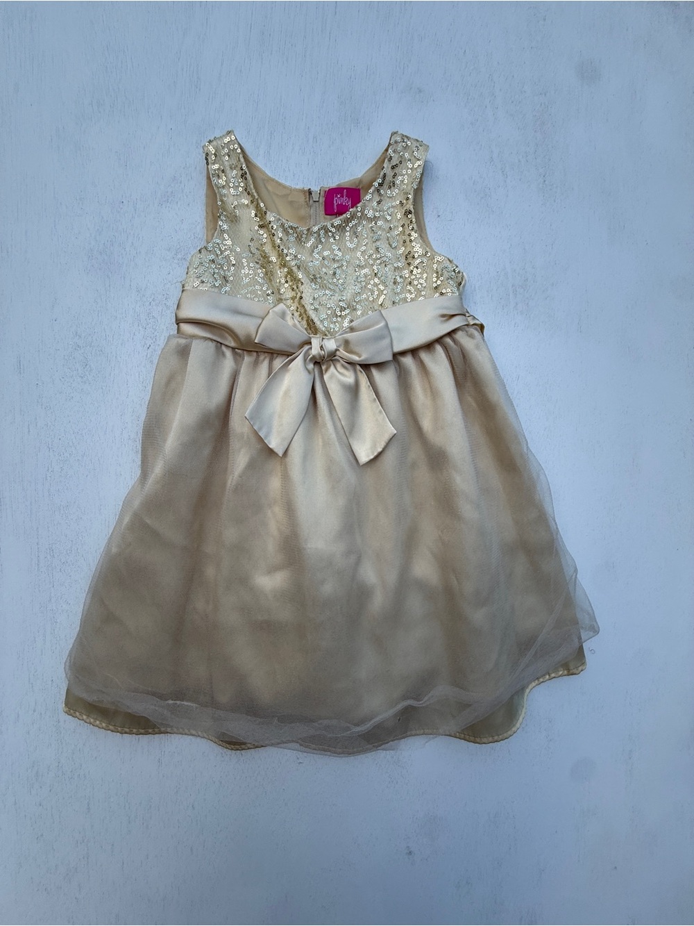 Pinky Girls 5T Gold Sequin Dress Flower Girl Holiday Party Bow Sleeveless